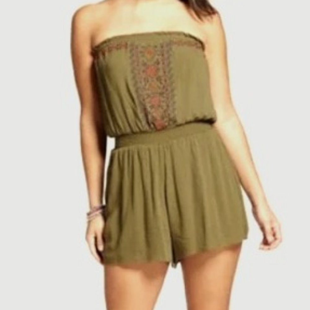 Xhilaration Olive Green Embroidered Strapless Romper Jumpsuit L